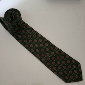 Vintage Tom James Neck Tie Green Gold French Horn Sports Silk Made in USA